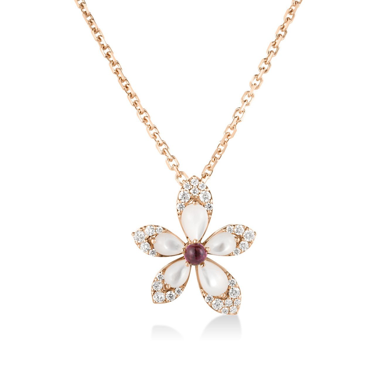 18K Rose Gold Diamond, Rubellite, & Mother Of Pearl Flower Necklace