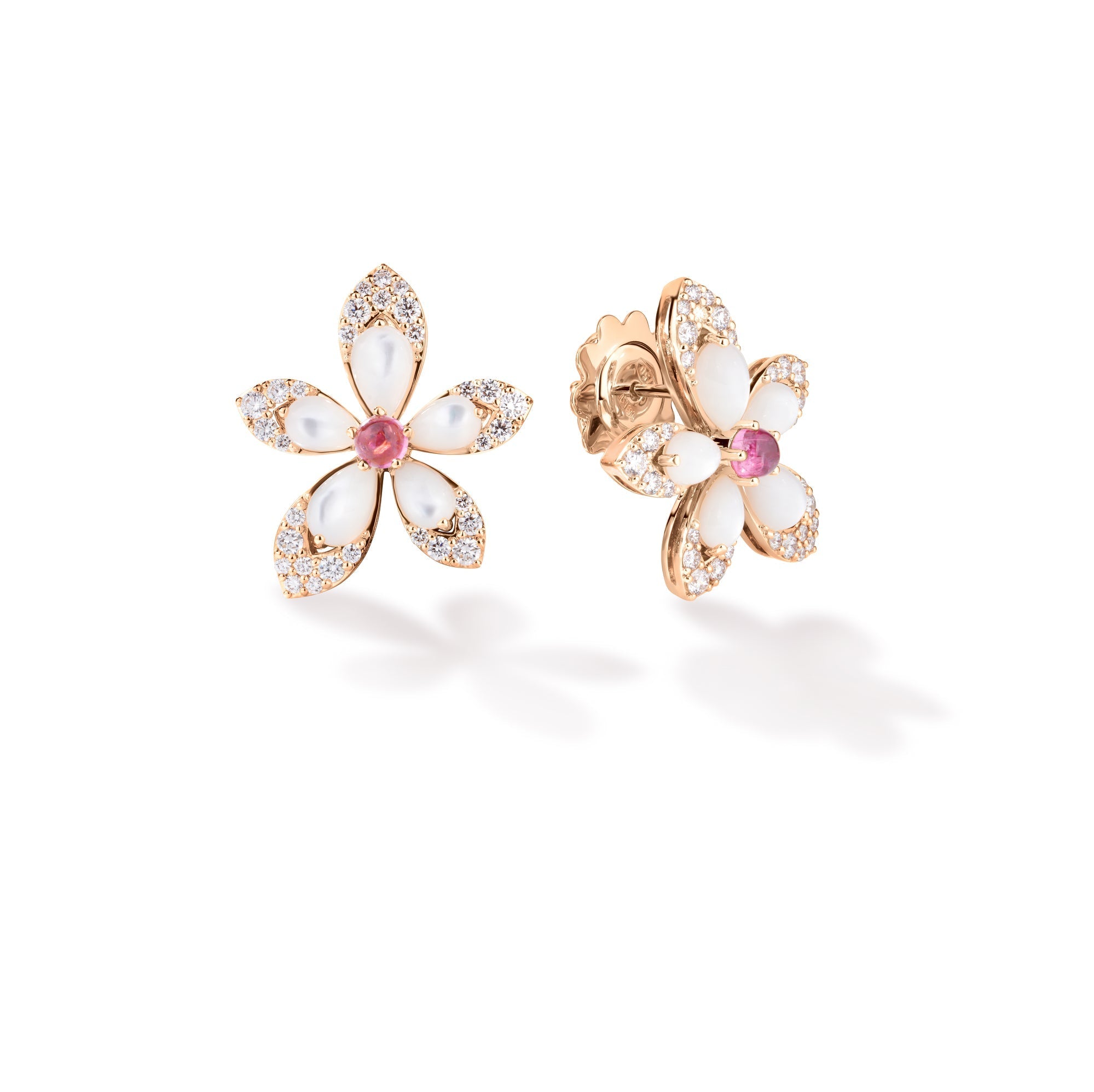 18K Rose Gold Diamond, Rubellite, & Mother Of Pearl Flower Stud Earrings