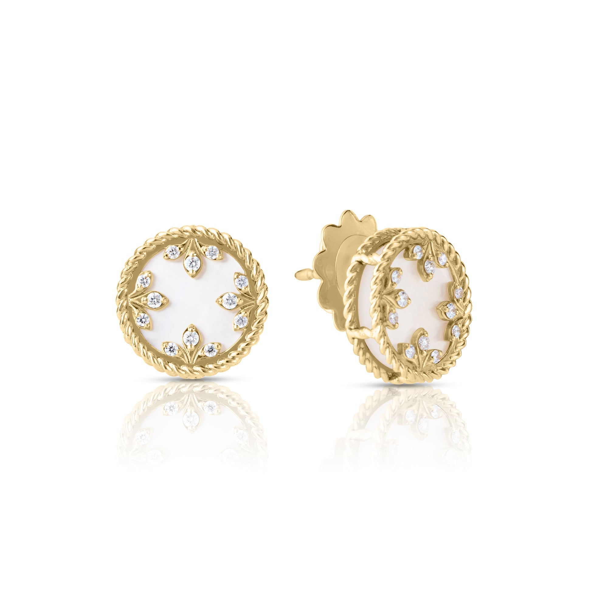 18K Yellow Gold Diamond And Mother Of Pearl Stud Earrings
