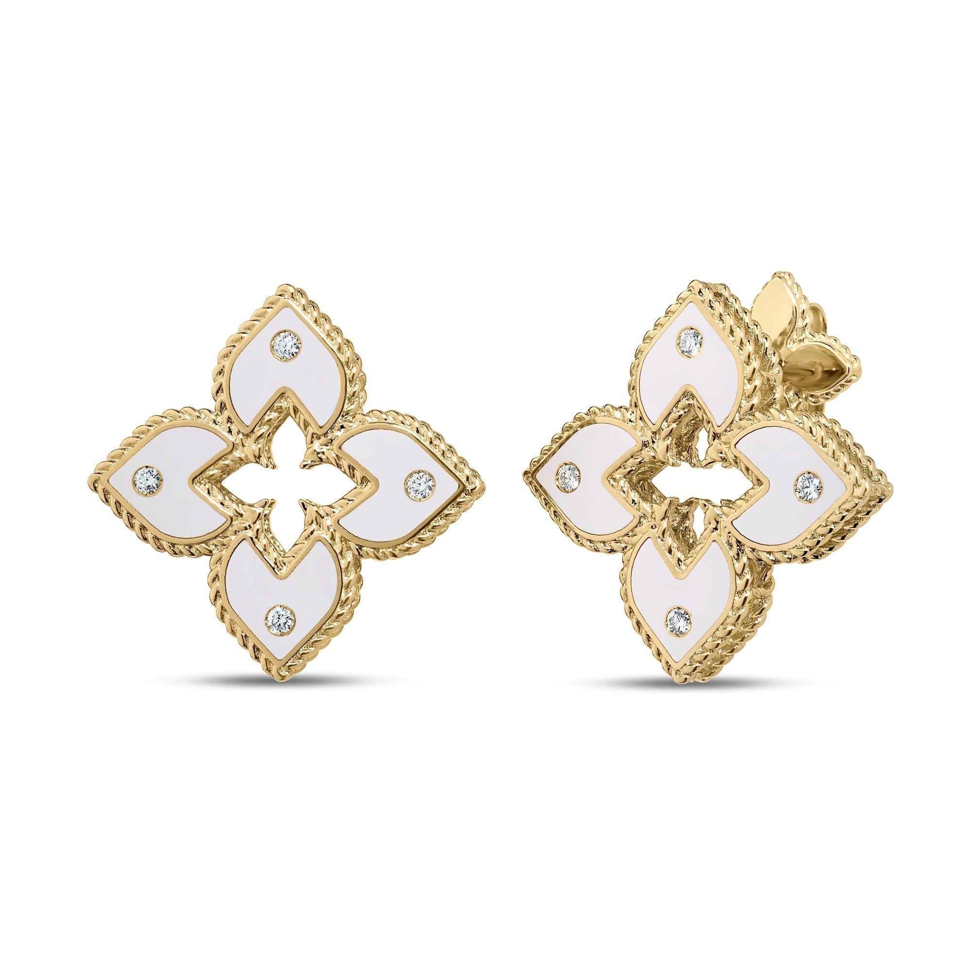 18K Yellow Gold Diamond And White Enamel Flower Stud Earrings