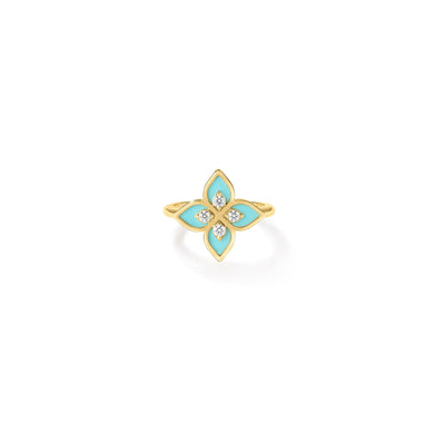 18K Yellow Gold Diamond & Cyan Enamel Flower Ring