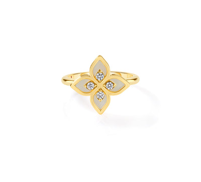 18K Yellow Gold Diamond & Mother Of Pearl Flower Ring