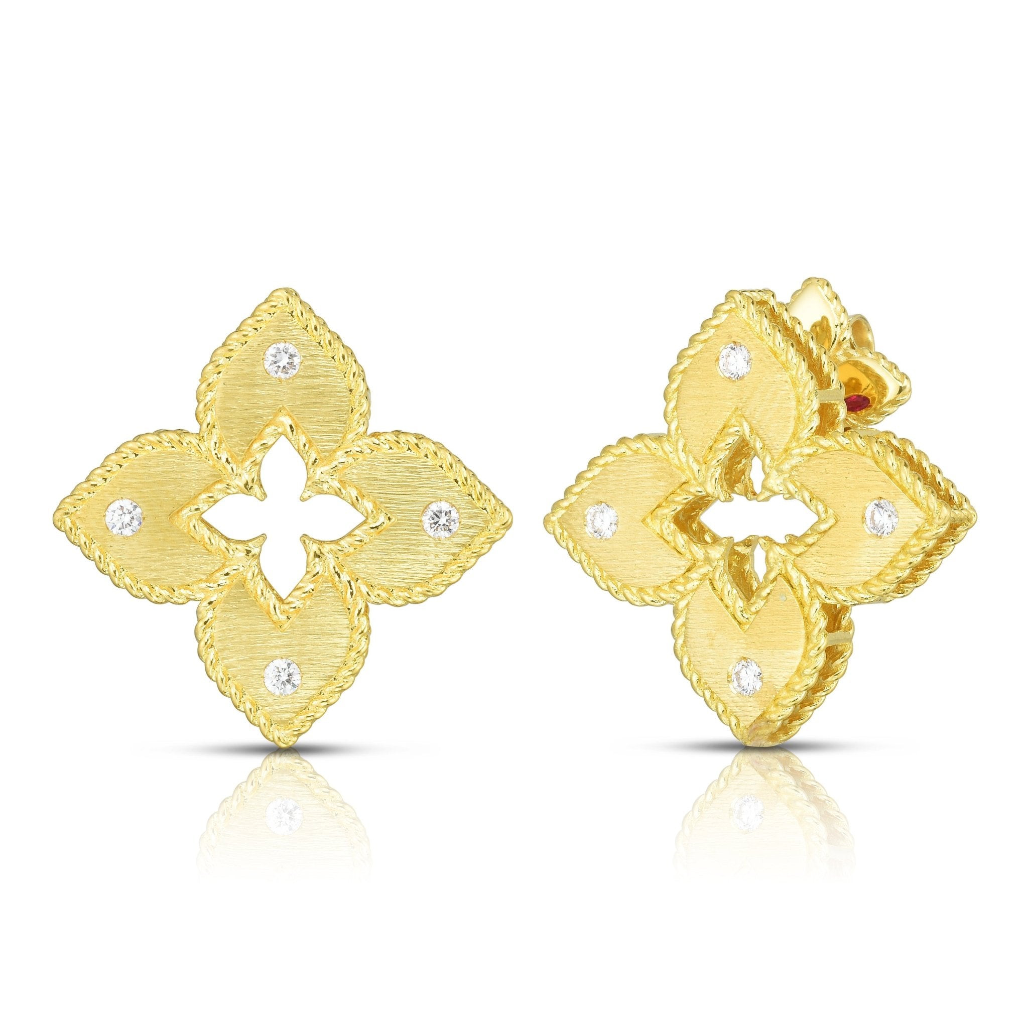 18K Yellow Gold Diamond & Satin Finish Flower Earrings