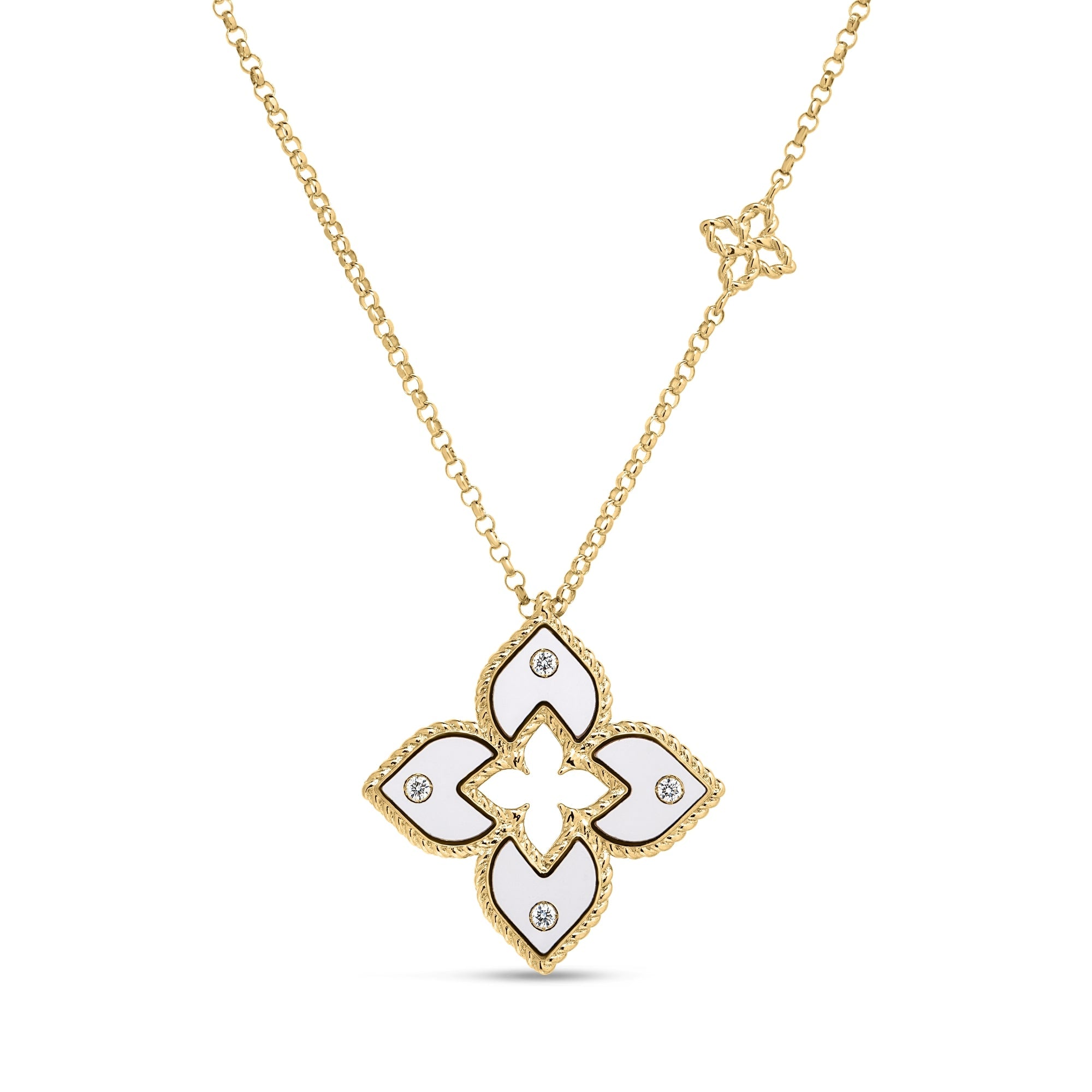18K Yellow Gold Diamond & White Enamel Flower Necklace