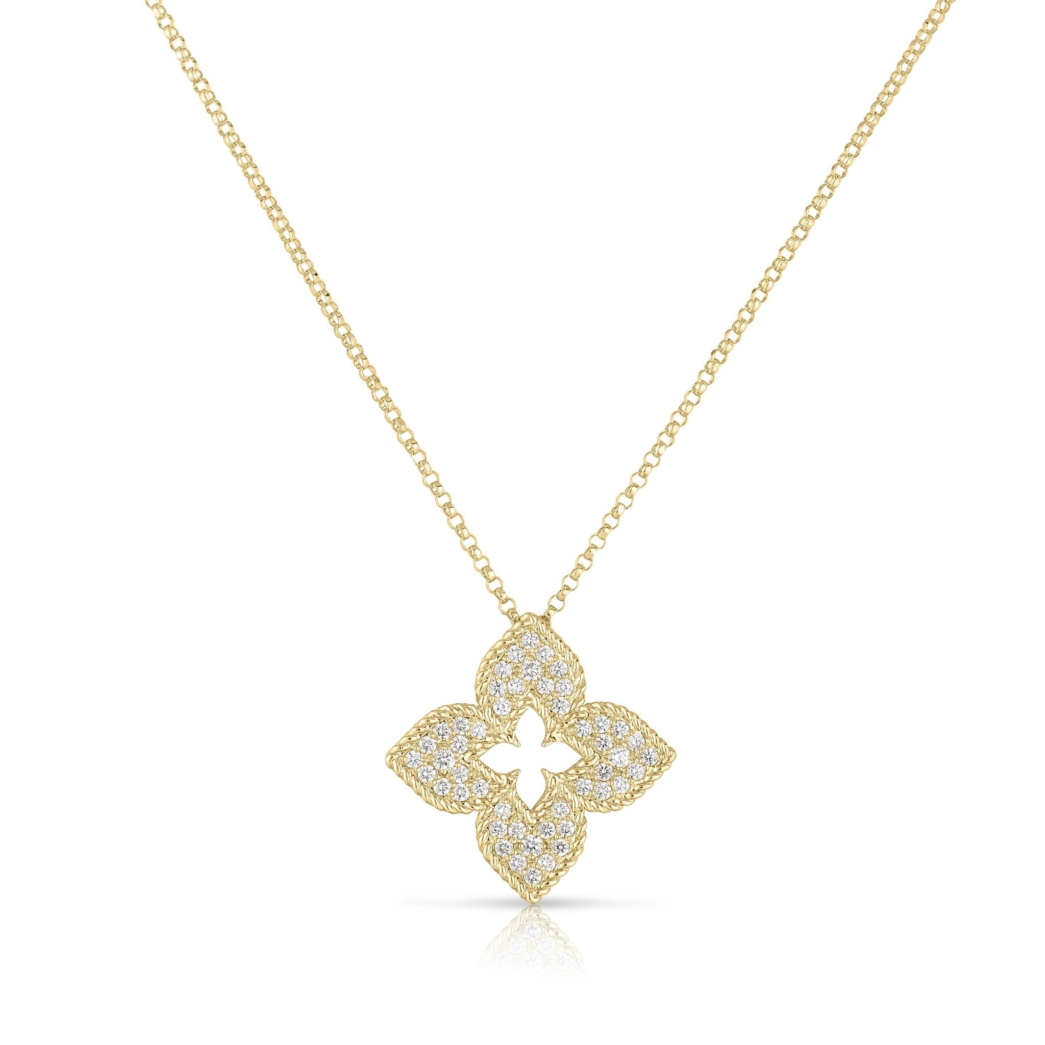 18K Yellow Gold Pave Diamond Flower Necklace