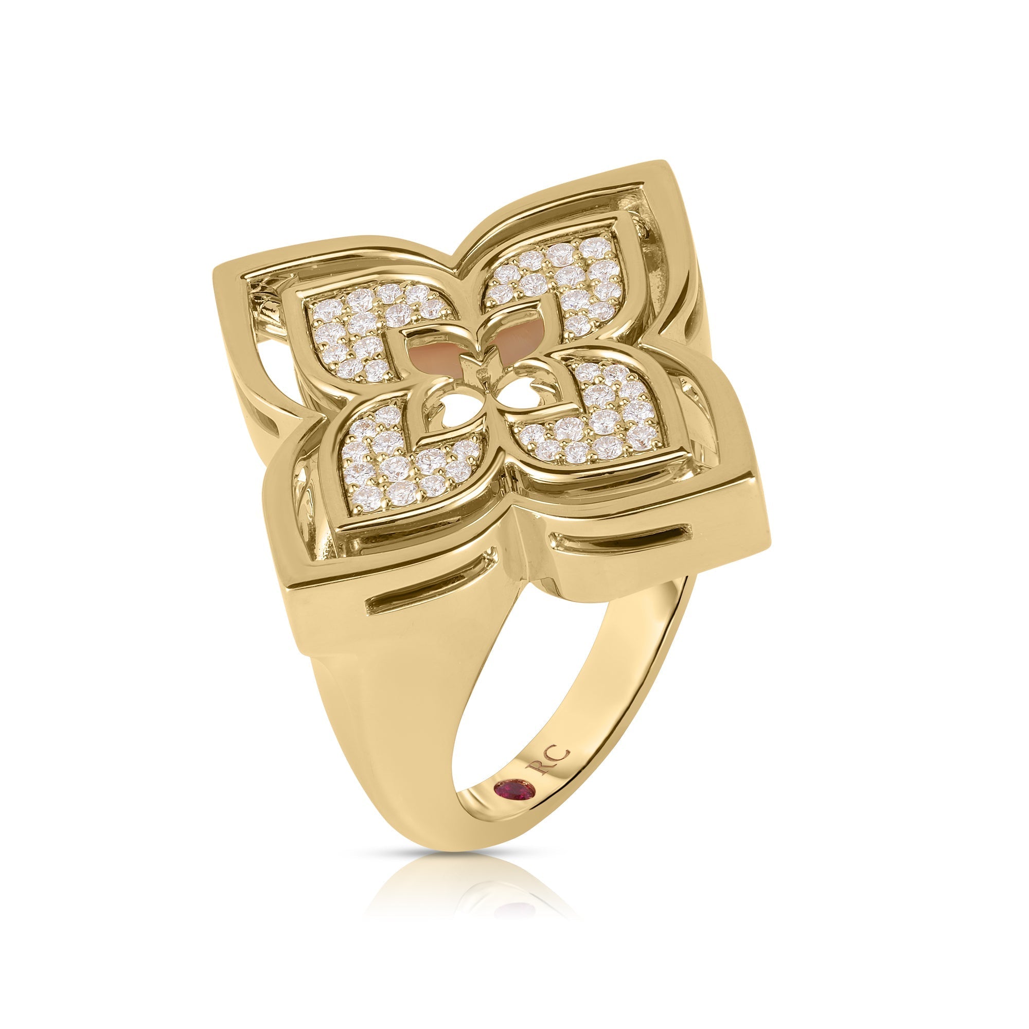 18K Yellow Gold Pirouette Satin Finish & Pave Diamond Flower Ring
