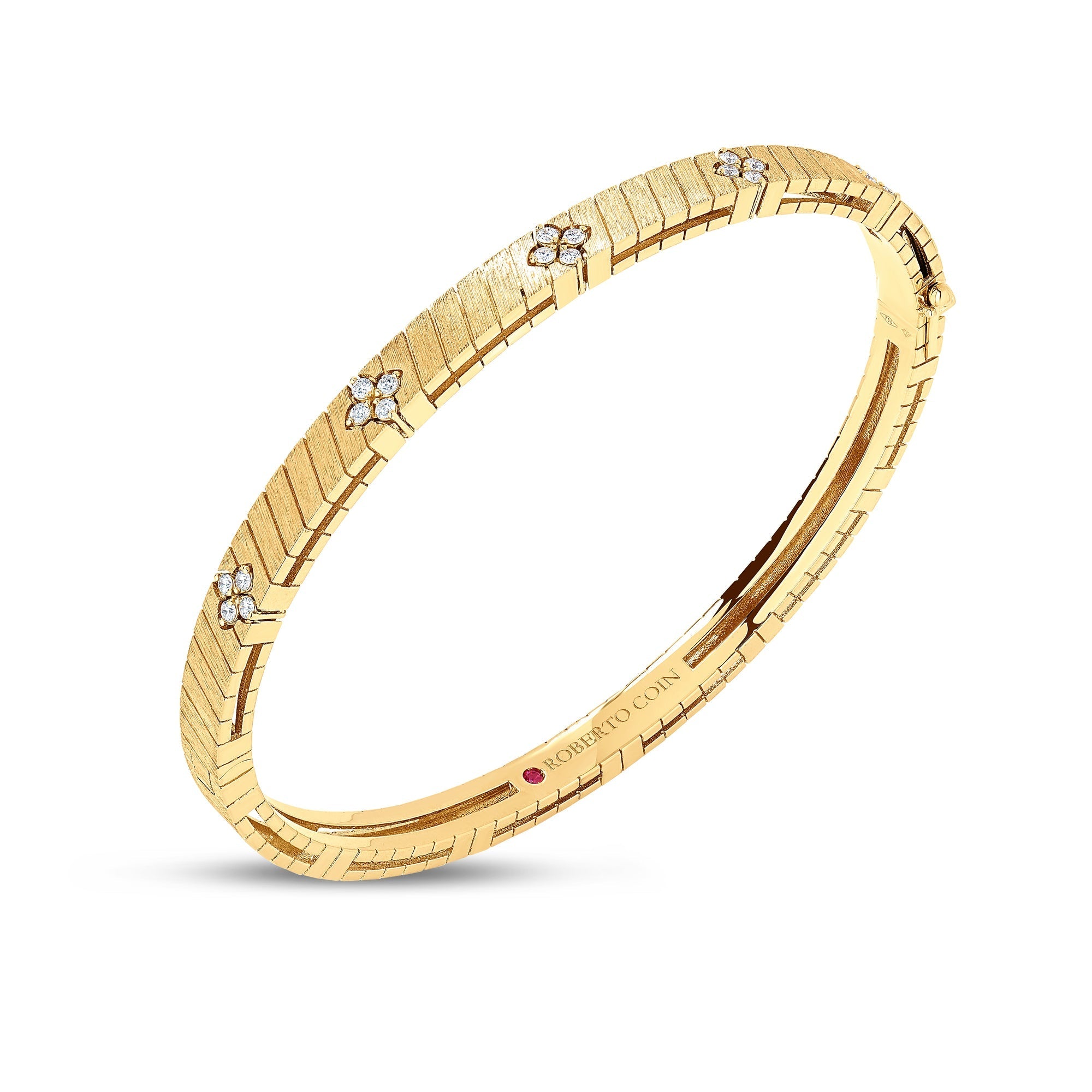 18K Yellow Gold Ridged & Satin Finish Diamond Bangle