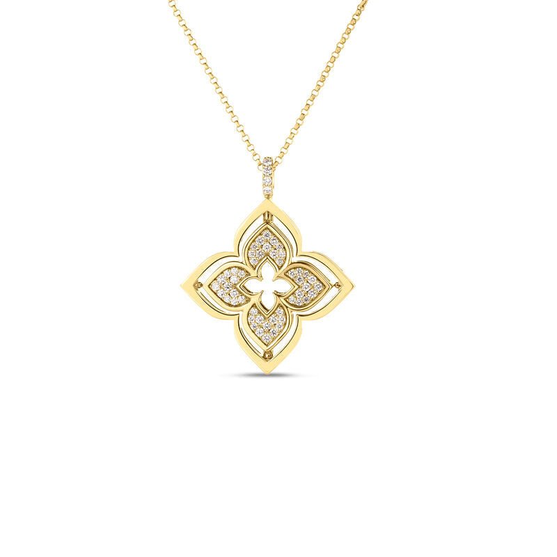18K Yellow Gold Satin Finish & Pave Diamond Flower Necklace