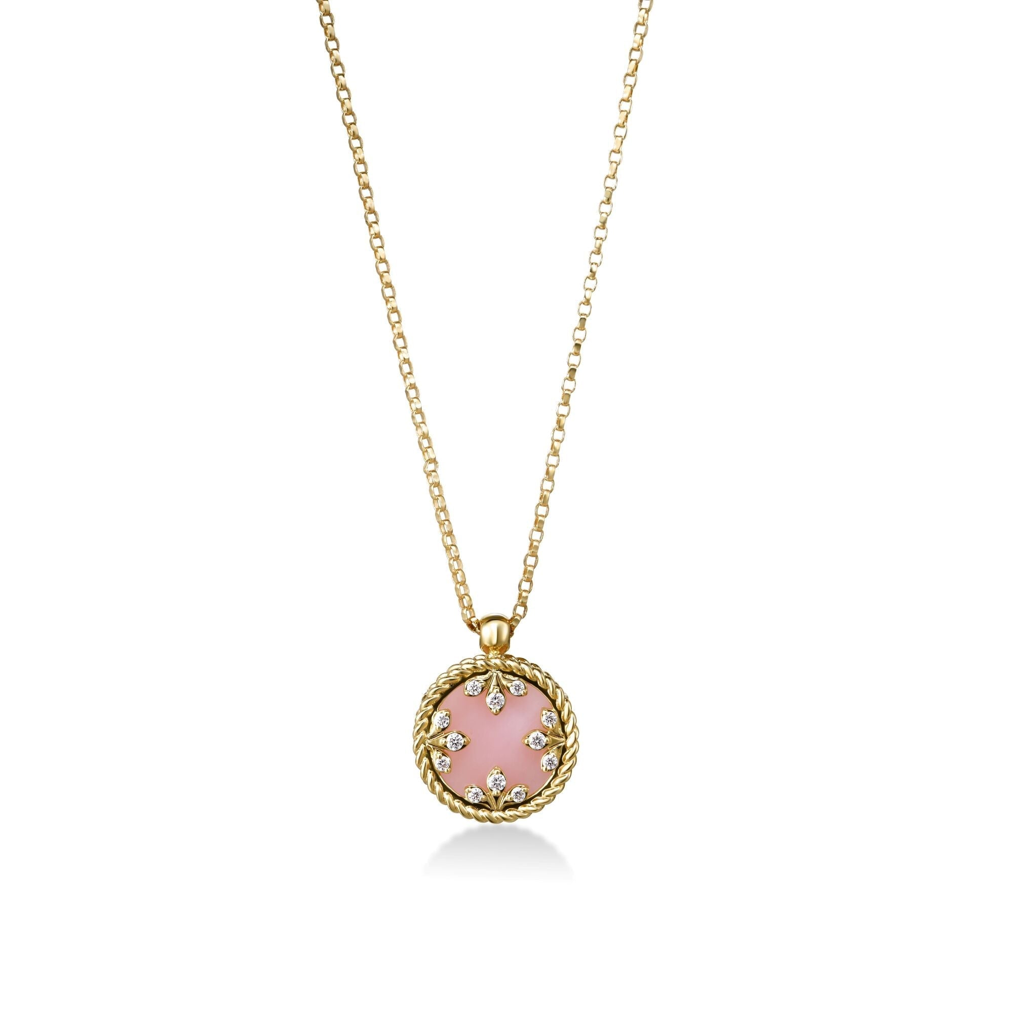 18K Yellow Gold Small Diamond And Pink Opal Necklace