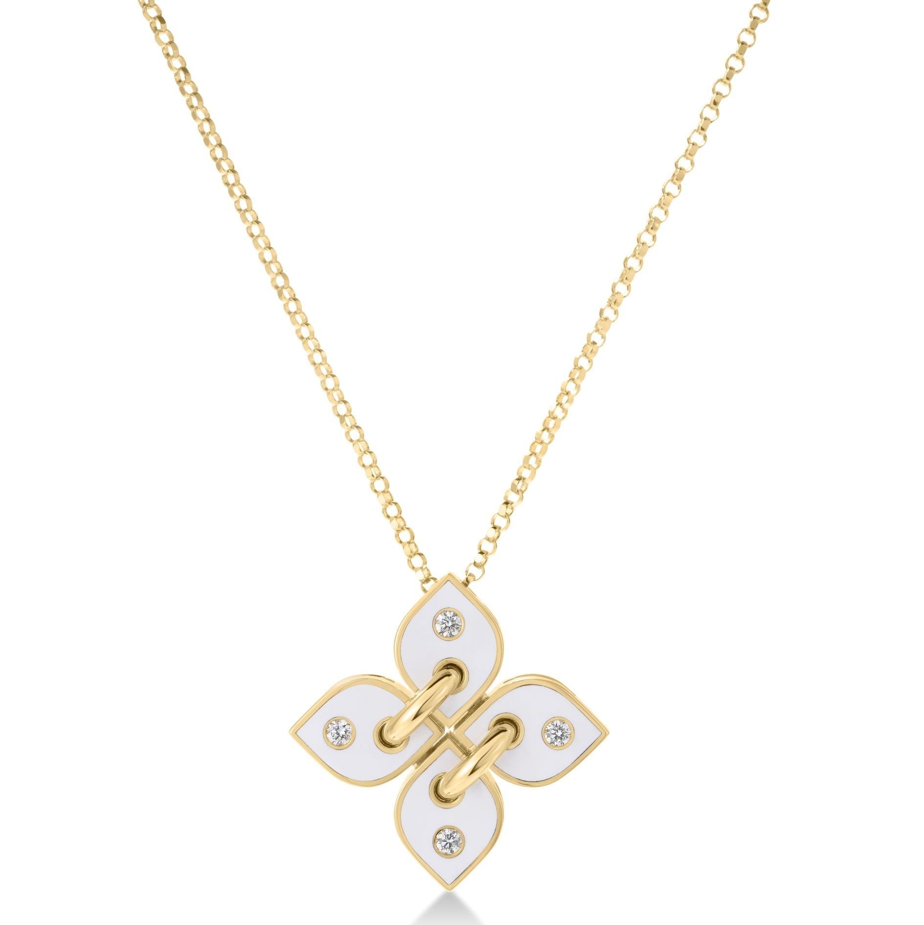 18K Yellow Gold Small Diamond & White Enamel Flower Necklace