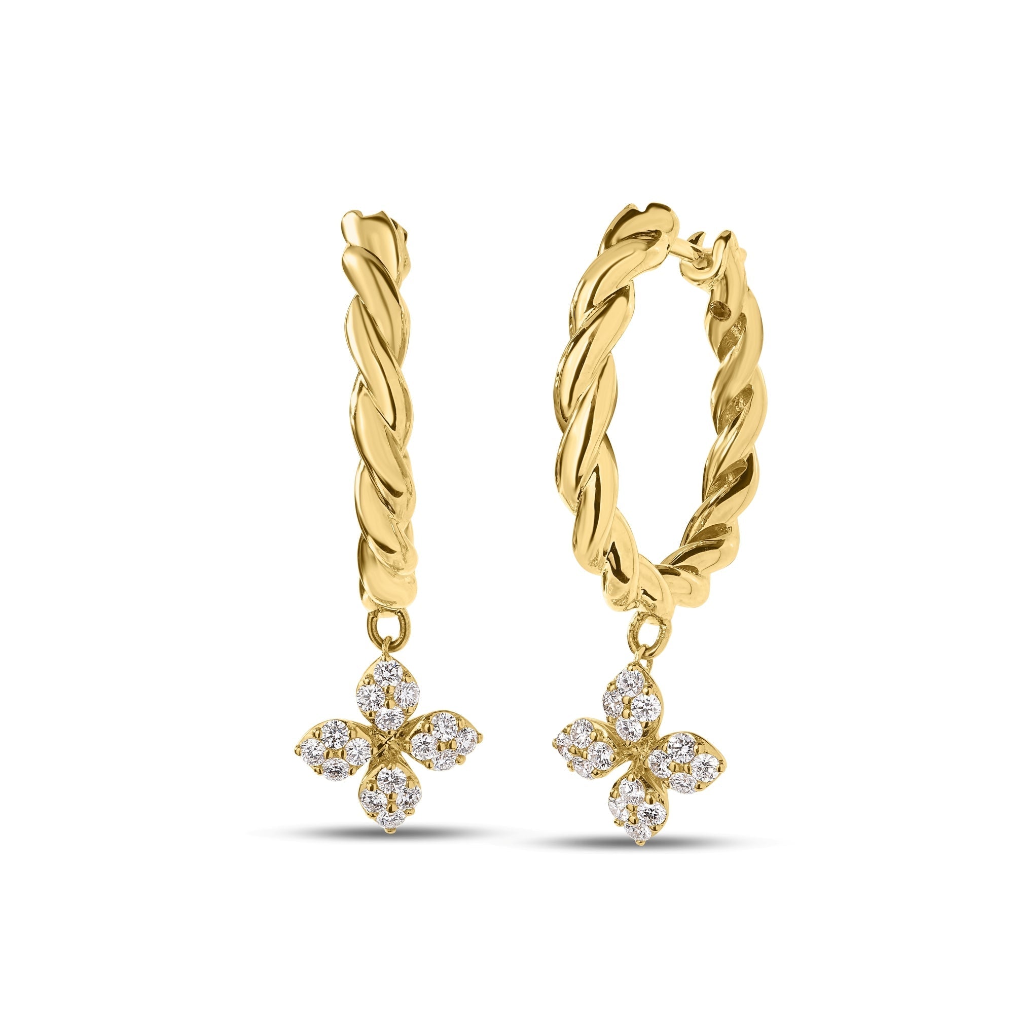 18K Yellow Gold Twist Diamond Hoop Earrings