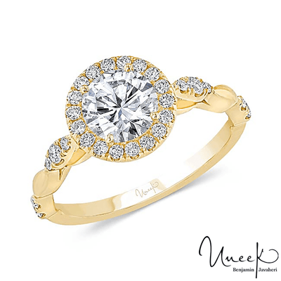 14K Yellow Gold Round Diamond Halo Engagement Ring
